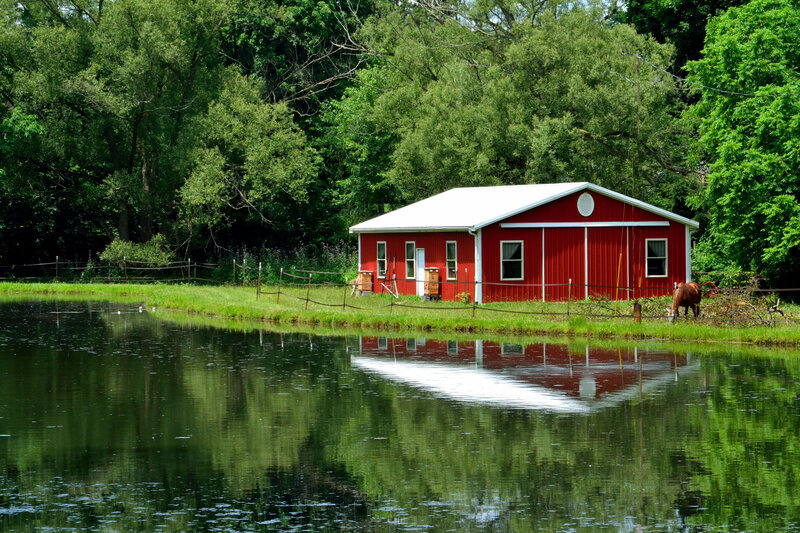 Red Barn by Pond — Serene