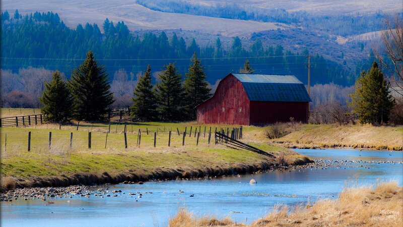 Red Barn by River — Blue