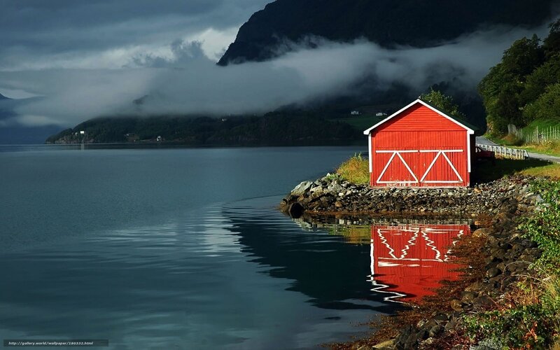 Red barn by the fjord