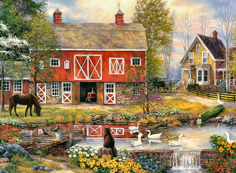 Red Barn Farm Scene — Serene, Afternoon, Painting