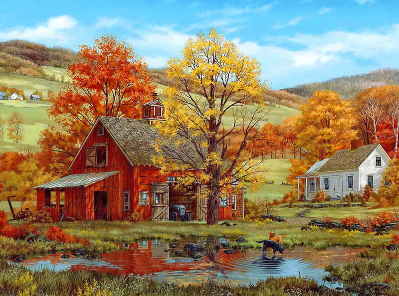 Red Barn in Autumn — Orange, Serene, Painting