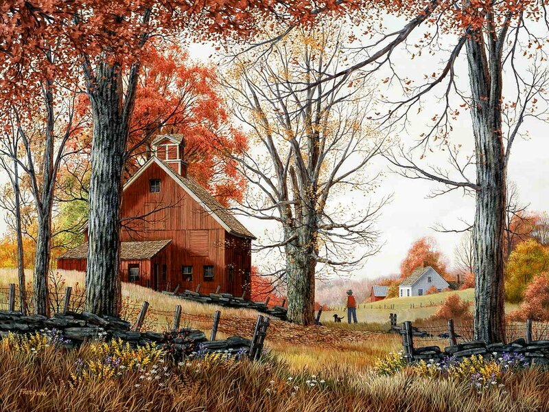 Red Barn in Autumn — Orange, Serene