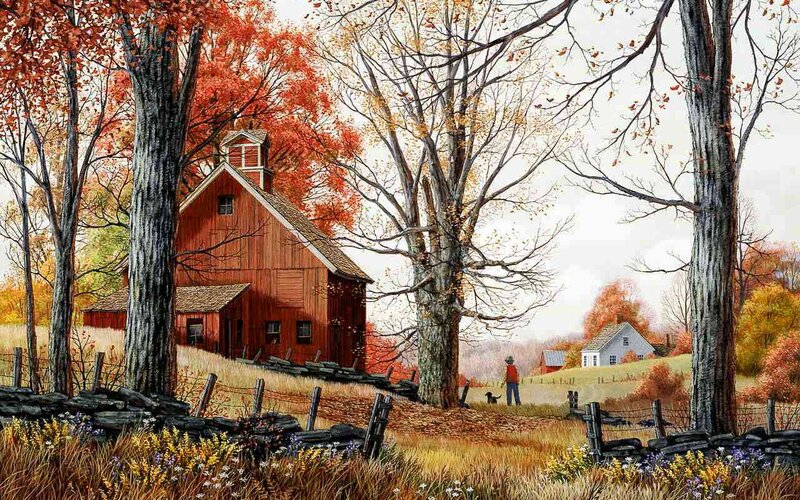 Red Barn in Autumn — Orange