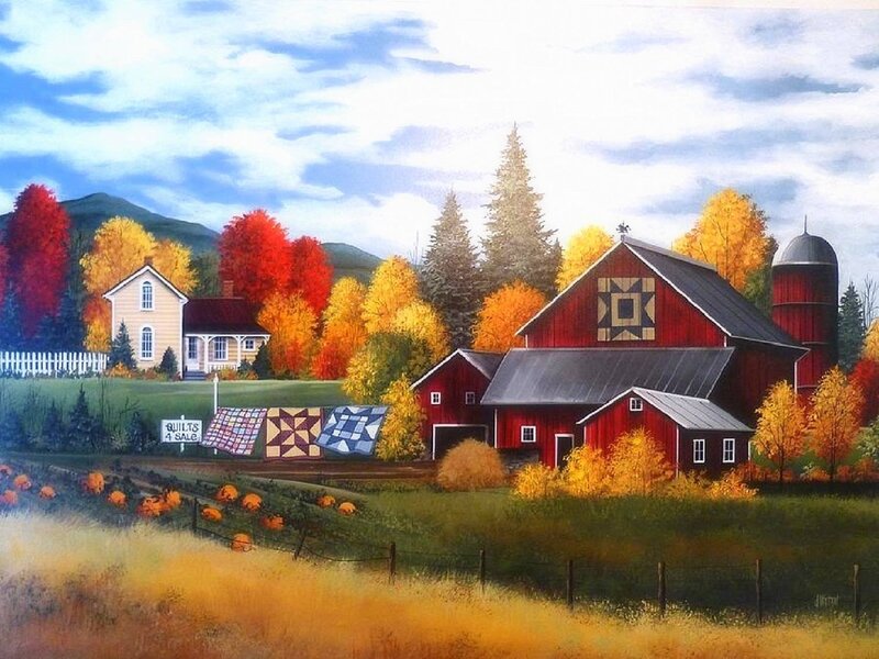 Red Barn in Autumn — Serene, Painting, Quilt Sale