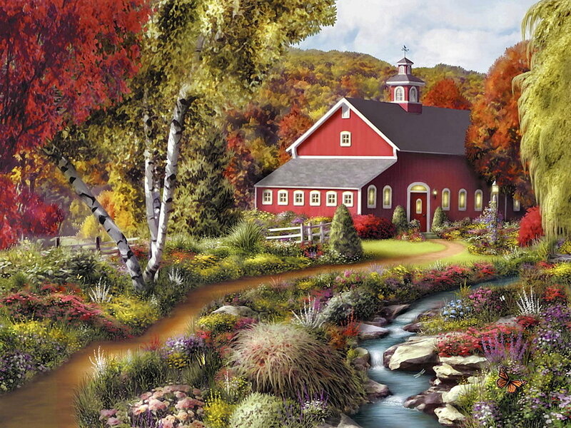 Red Barn in Autumn — Serene, Painting, Stream