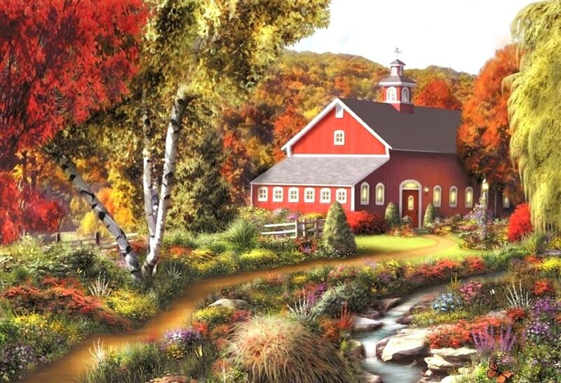 Red Barn in Autumn — Serene, Painting, Stream, Trees
