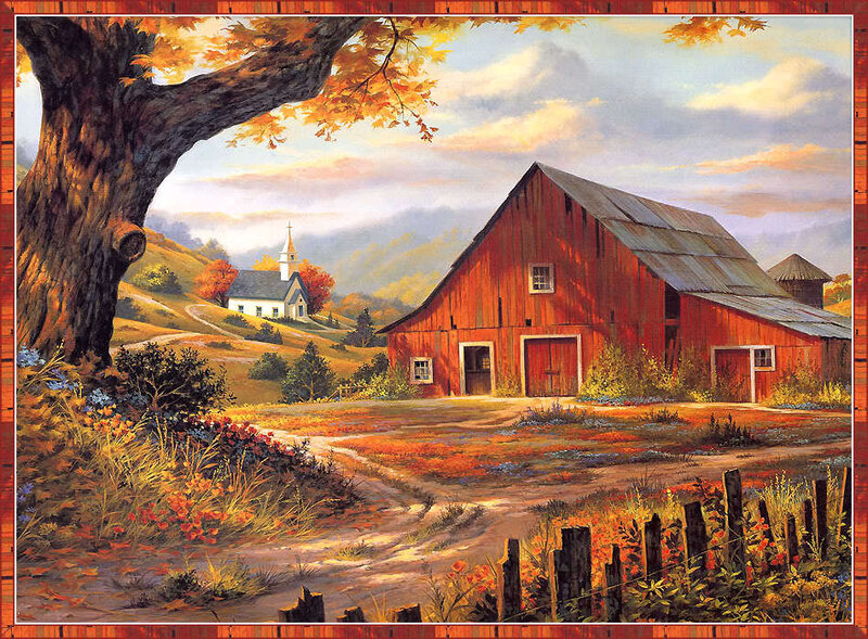 Red Barn in Autumn — Serene, Painting