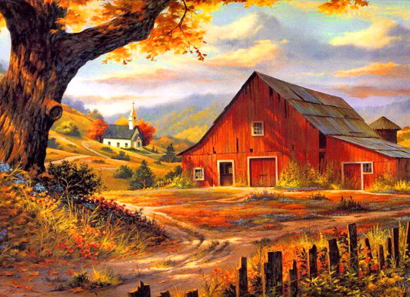 Red Barn in Autumn — Serene, Painting, Tree