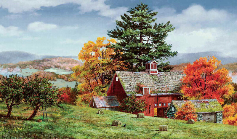 Red Barn in Autumn — Serene, Painting, Trees, Hay Bales