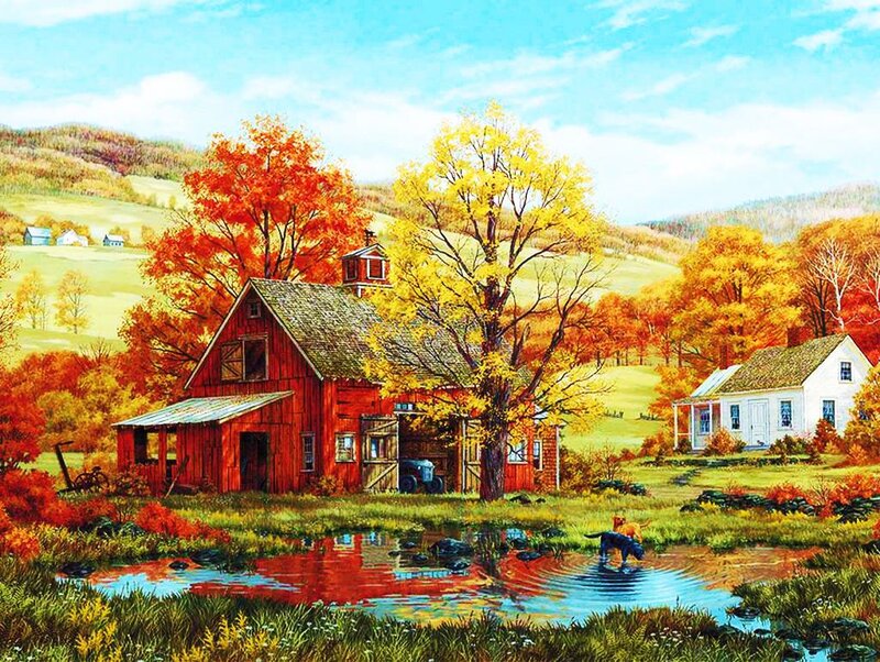Red Barn in Autumn — Serene, Painting, Trees