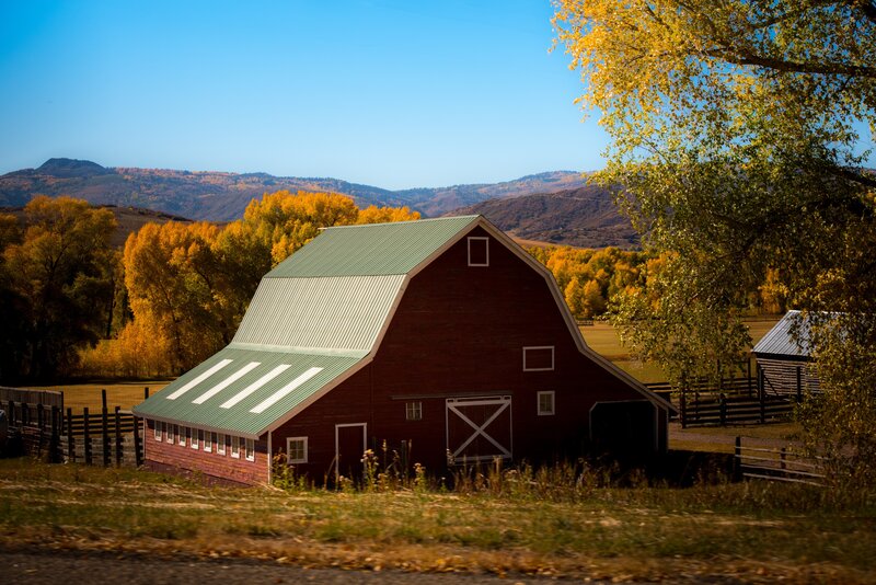 Red Barn in Autumn — Serene, Photograph, Mountains