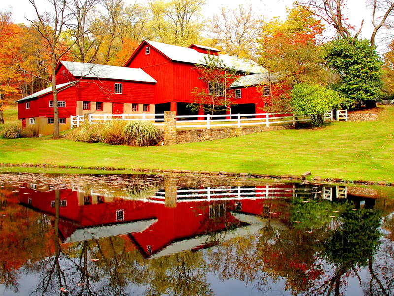 Red Barn in Autumn — Serene, Photograph, Pond