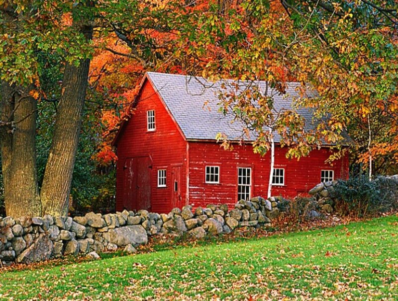 Red Barn in Autumn — Serene, Photograph, Trees, Stone Wall