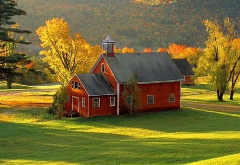 Red Barn in Autumn — Serene, Photograph, Trees
