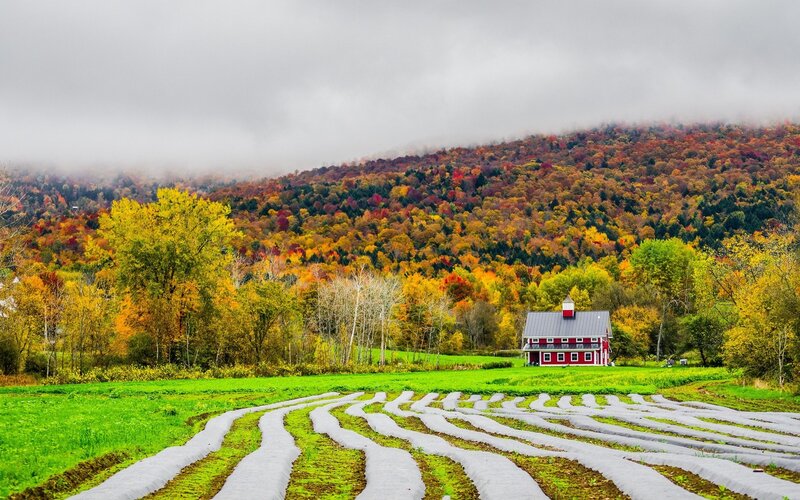 Red Barn in Autumn Valley