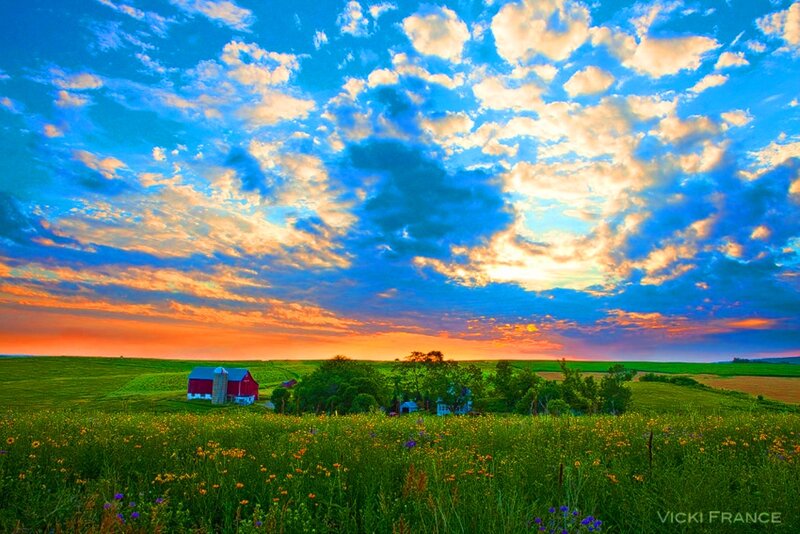Red Barn in Field — Blue, Dramatic