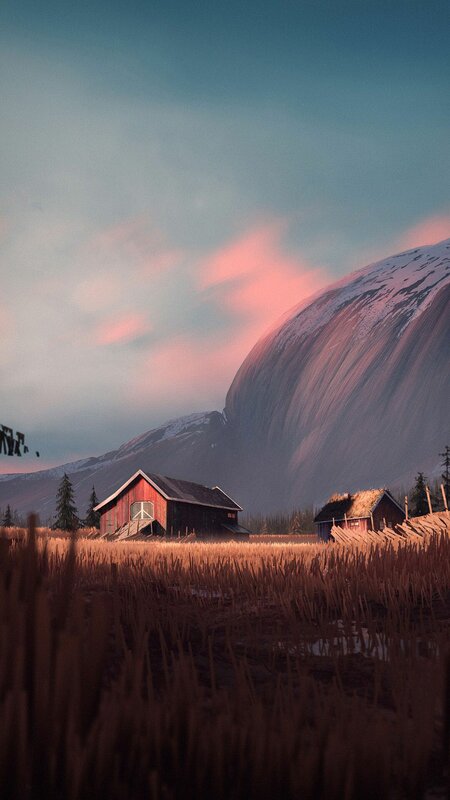 Red Barn in Field — Blue, Serene, Sunset