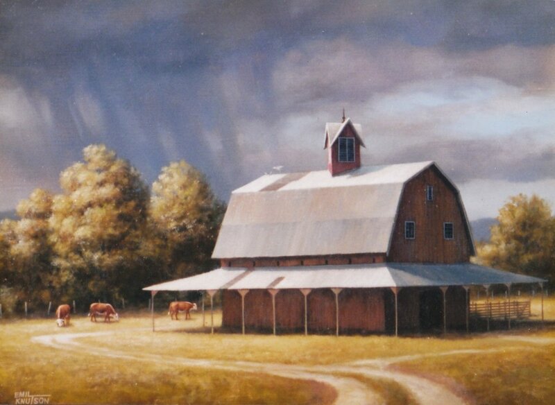 Red Barn in Field — Brown, Dramatic, Afternoon