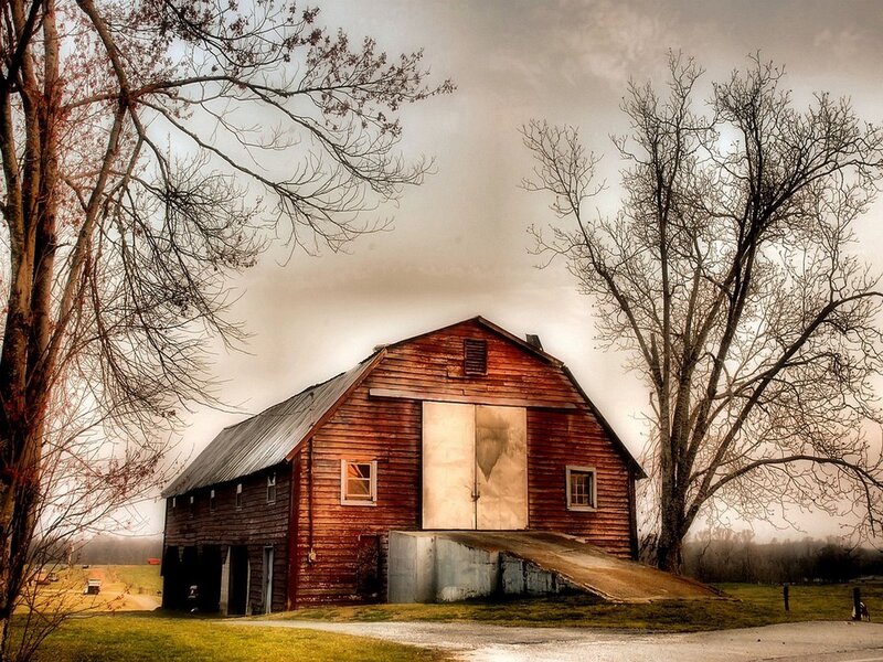 Red Barn in Field — Brown, Dramatic