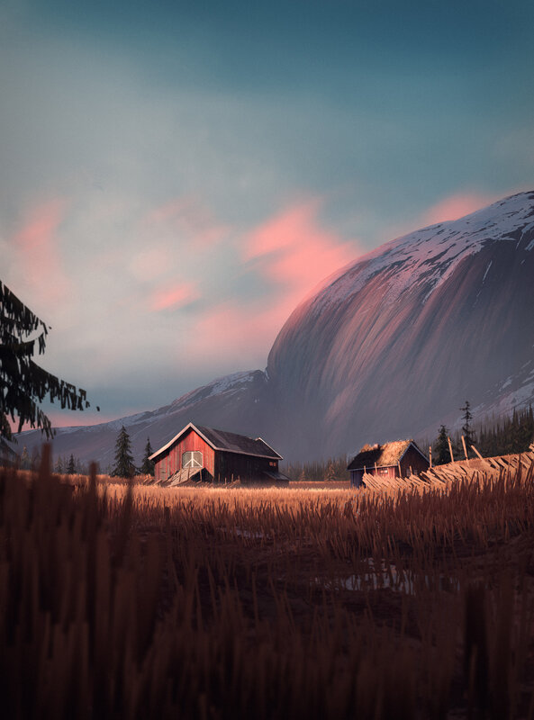 Red Barn in Field — Brown, Serene
