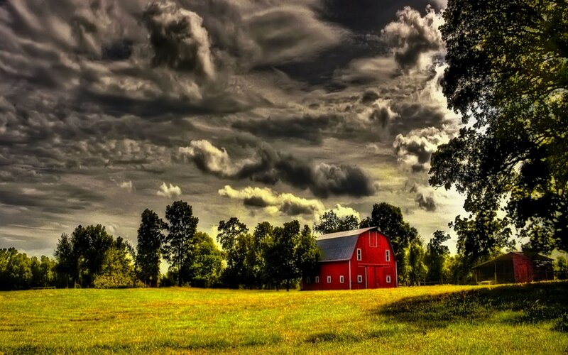 Red Barn in Field — Dramatic, Afternoon
