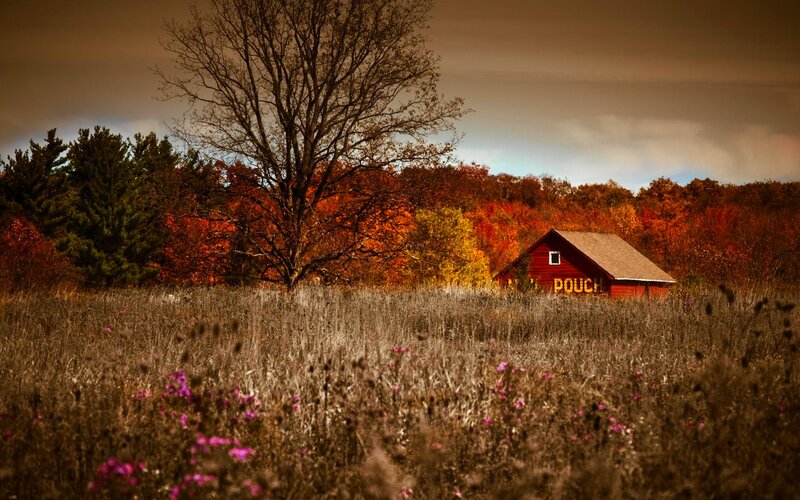 Red Barn in Field — Dramatic, Autumn