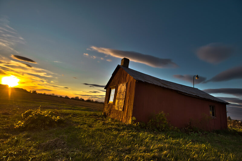 Red Barn in Field — Dramatic, Sunset