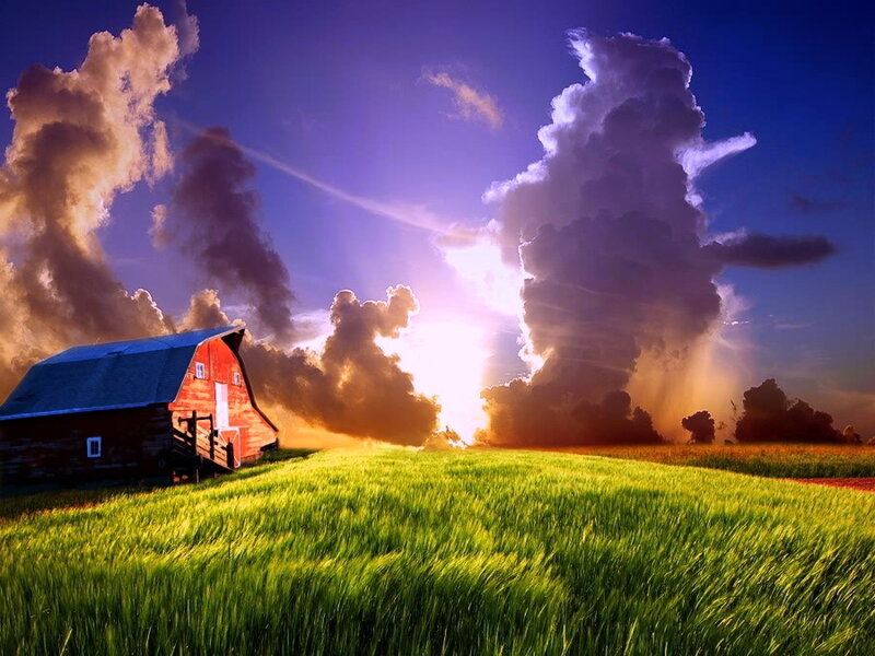 Red Barn in Field — Green, Dramatic