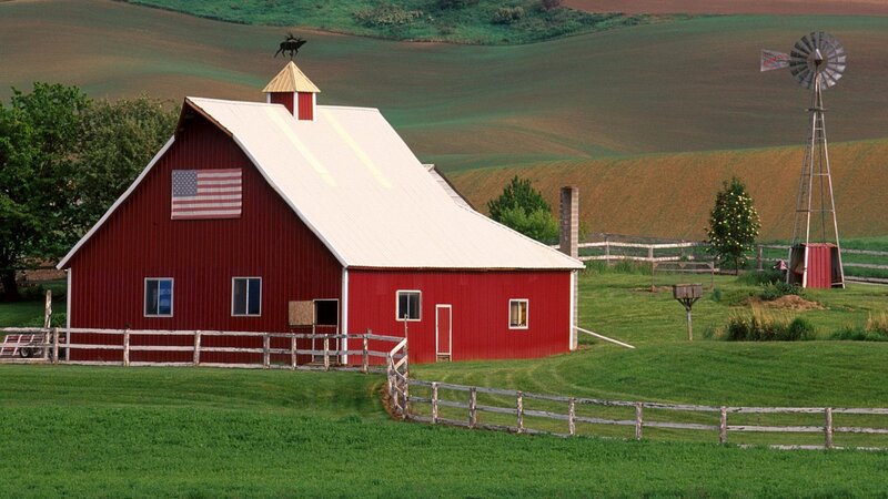 Red Barn in Field — Serene, Afternoon, Photograph, American Flag