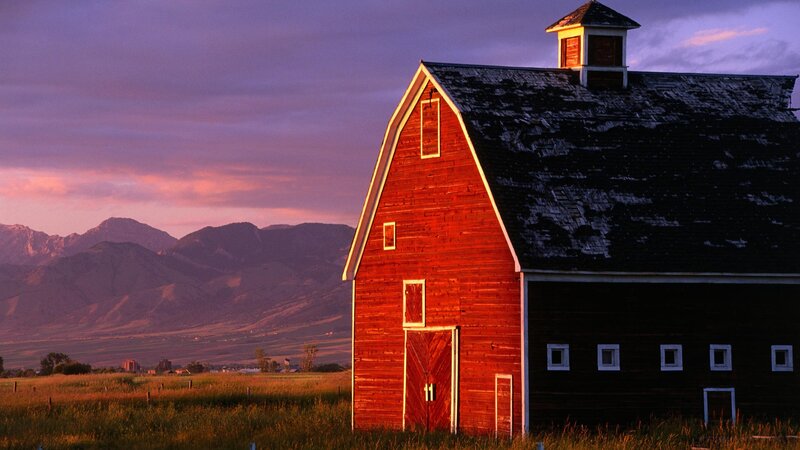 Red Barn in Field — Serene, Sunset, Photograph, Mountains