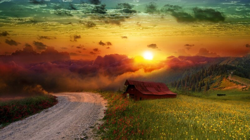 Red Barn in Field — Yellow, Dramatic, Sunset, Photograph
