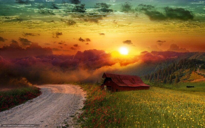 Red Barn in Field — Yellow, Dramatic, Sunset