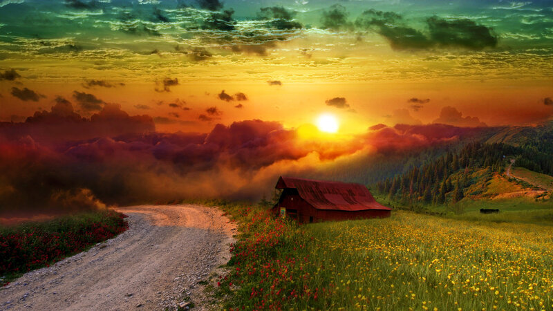 Red Barn in Field — Yellow, Dramatic