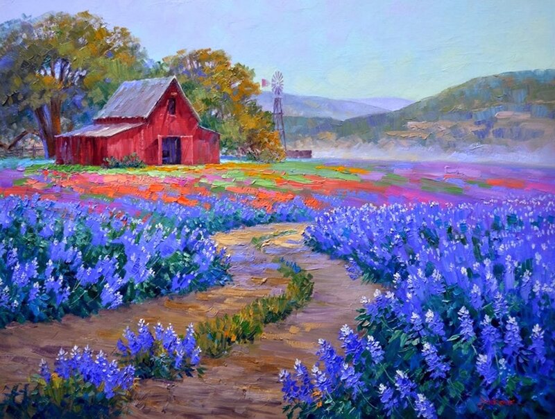 Red Barn in Flower Field