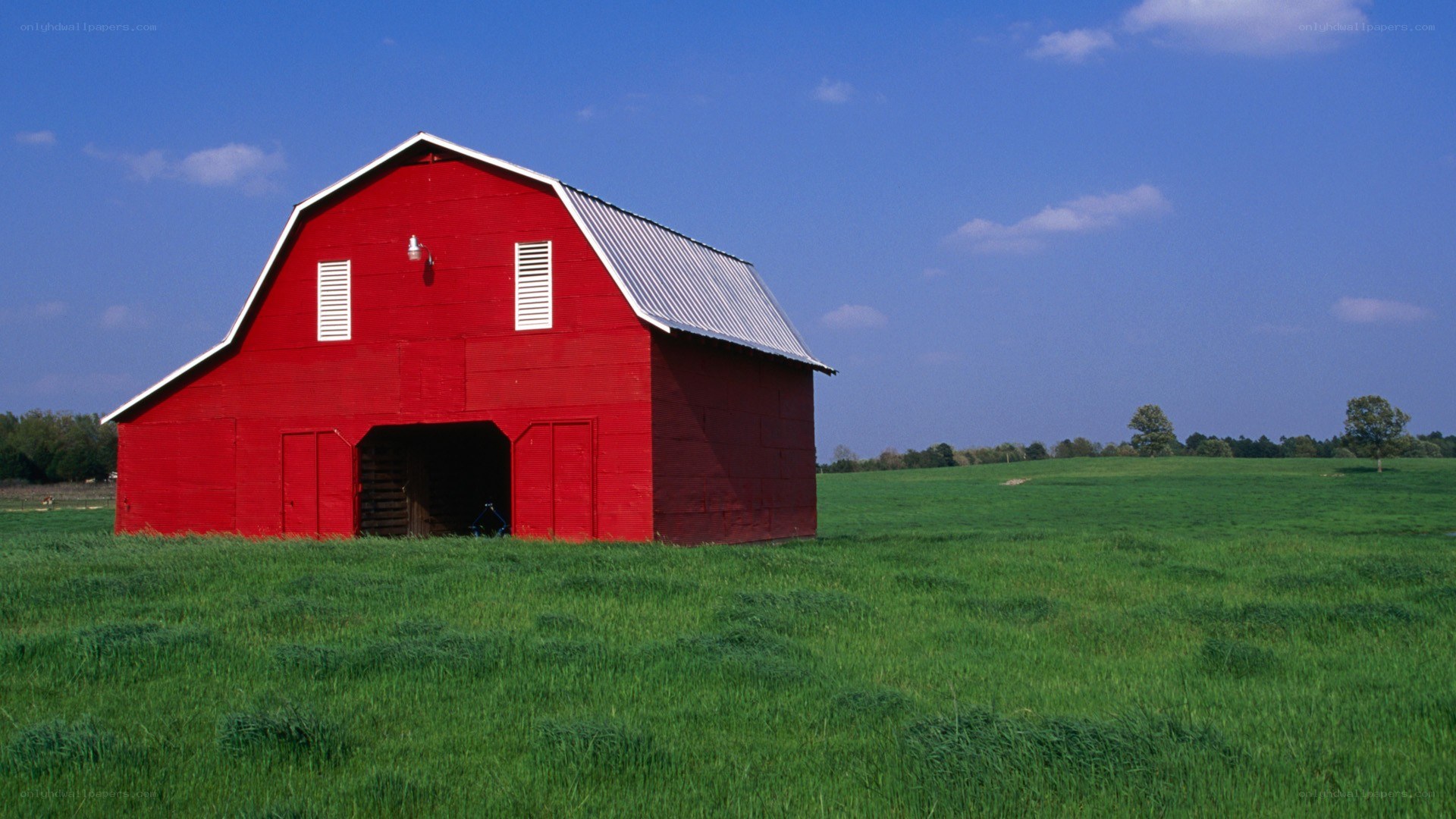 Red barn in green field