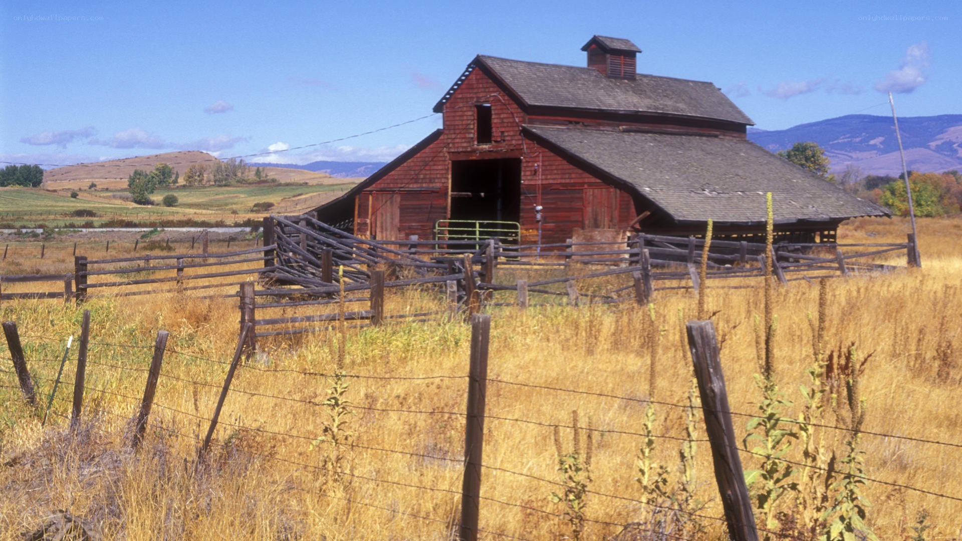 Red barn in rural landscape