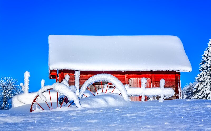 Red Barn in Snow — Blue, Serene