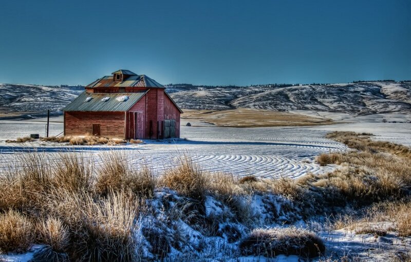 Red Barn in Snow — Blue, Serene, Winter, Photograph