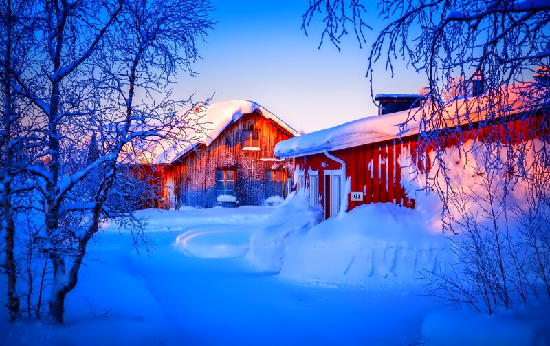 Red Barn in Snow — Blue, Serene, Winter