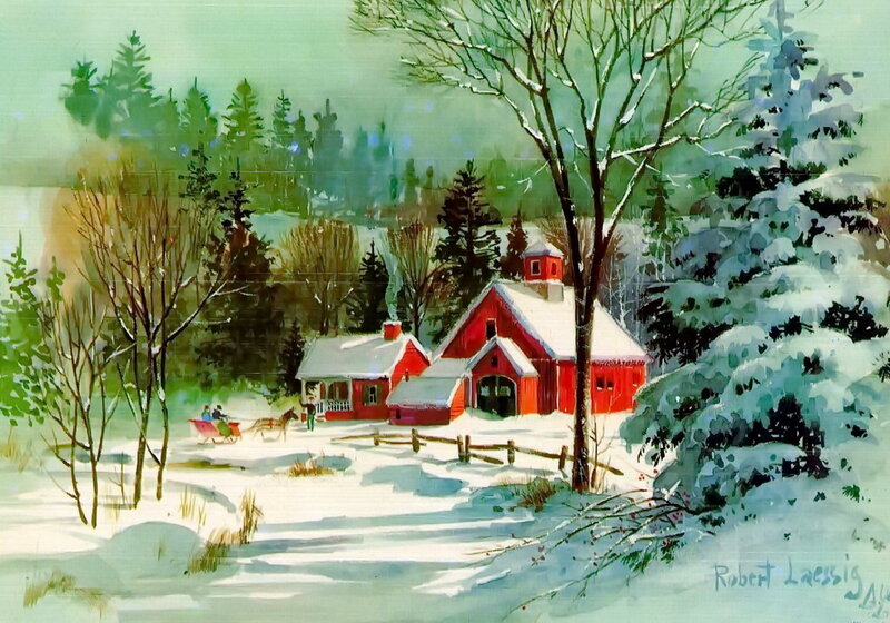 Red Barn in Snow — Peaceful, Winter