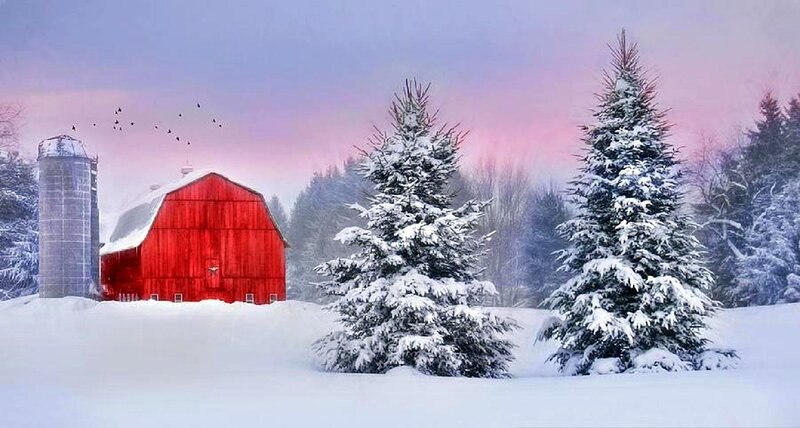 Red Barn in Snow — Serene, Winter, Digital Art