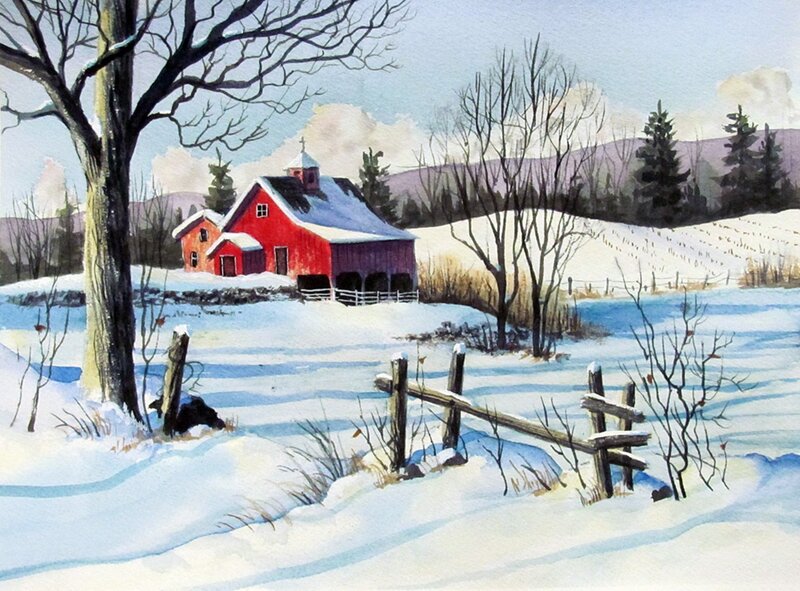 Red Barn in Snow — Serene, Winter, Painting
