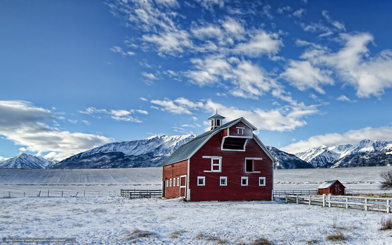 Red Barn in Snow — Serene, Winter, Photograph, Mountains, Fence, Sky