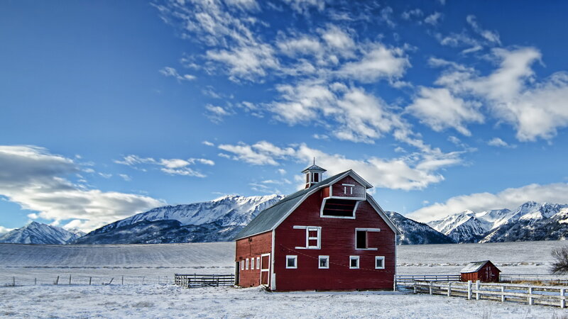 Red Barn in Snow — Serene, Winter, Photograph, Mountains, Fence