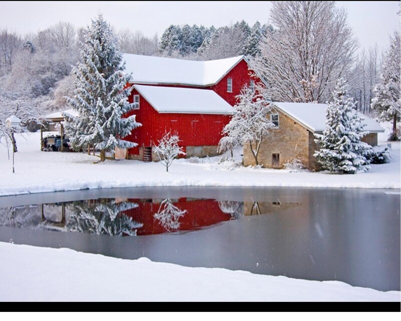 Red Barn in Snow — Serene, Winter, Photograph, Pond