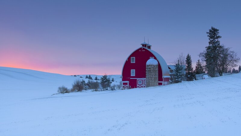Red Barn in Snow — Serene, Winter, Photograph, Silos
