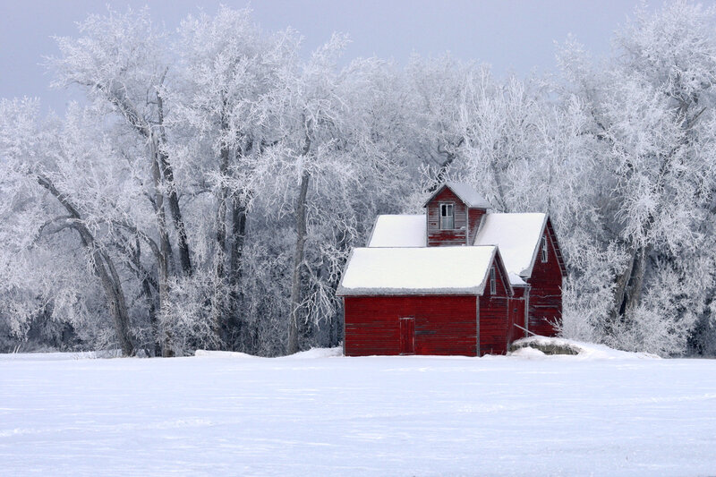 Red Barn in Snow — Serene, Winter, Photograph