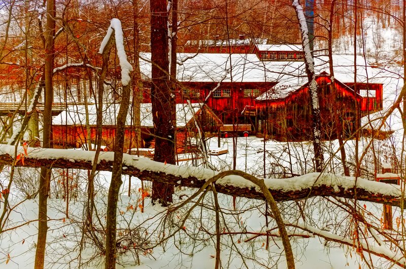 Red Barn in Snow — Serene, Winter, Photograph, Trees, Fallen Log