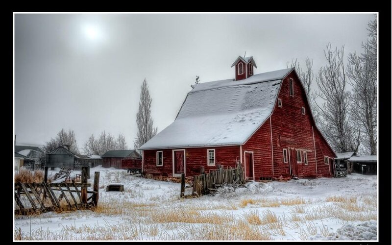 Red Barn in Snow — Serene, Winter, Photograph, Trees, Fence