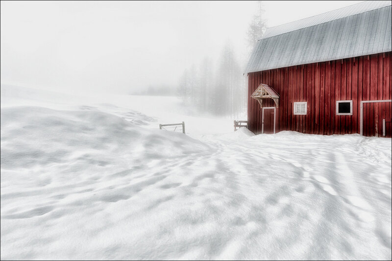 Red Barn in Snow — Serene, Winter, Photograph, Trees